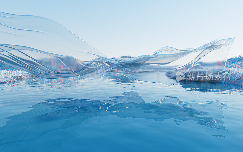 波纹湖与透明流动布，三维渲染。
