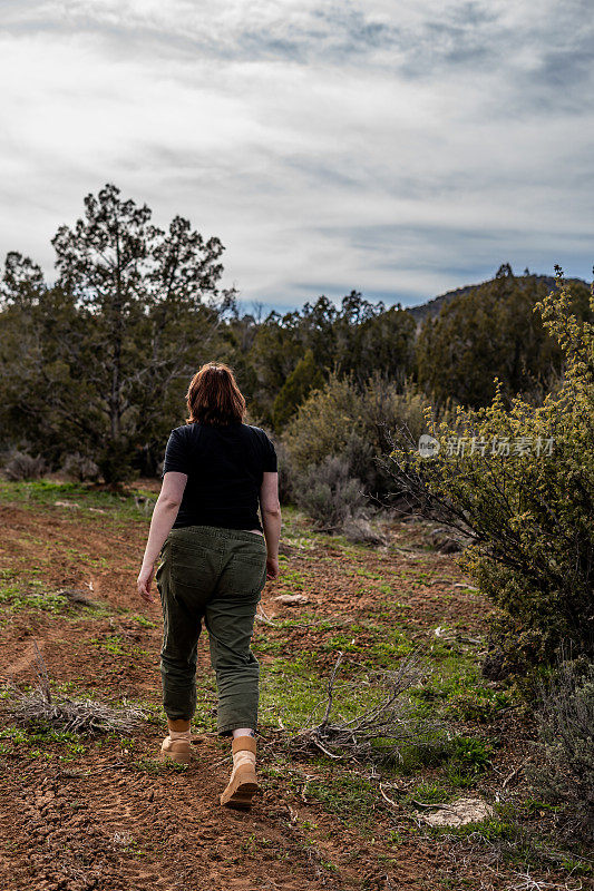 徒步旅行的人探索绿色郁郁葱葱的沙漠亚利桑那州肖像