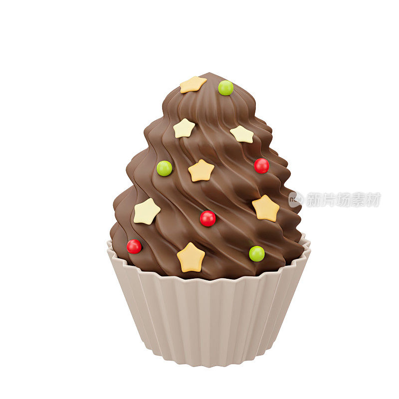 3D渲染的蛋糕与巧克力奶油和糖屑。快餐。甜食、糕点、甜点。明亮的插图在卡通，塑料，粘土3D风格。孤立在白色背景上。