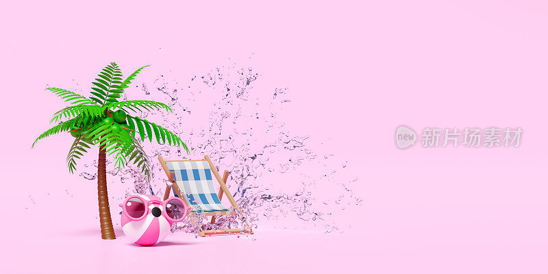3d沙滩球与太阳镜，水飞溅，棕榈树，沙滩椅，复制空间隔离在粉红色的背景。夏季旅游概念，3d渲染插图