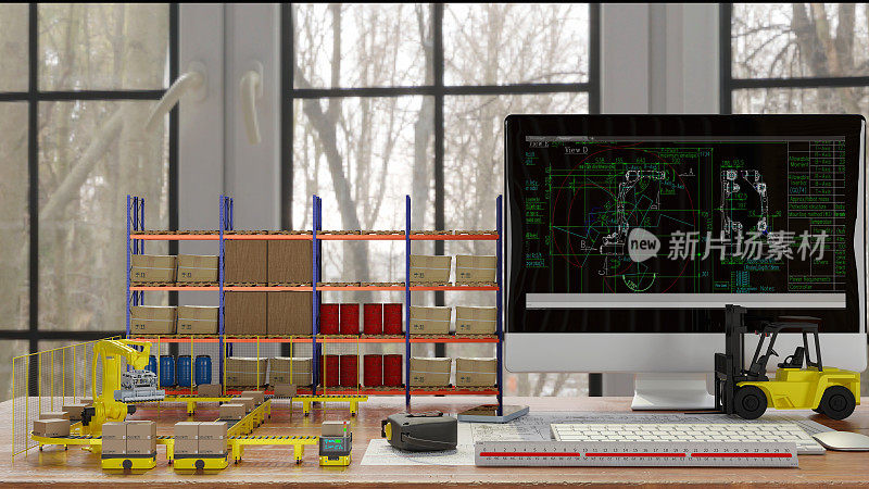仓库布局设计项目中机器人、AGV、输送机及附件的模型在仓库规划工程师的桌面上。