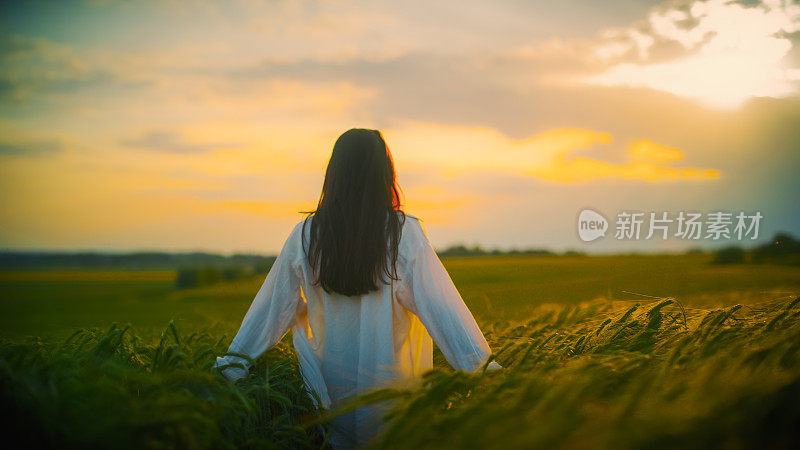 一名妇女在田间的庄稼中欣赏日落