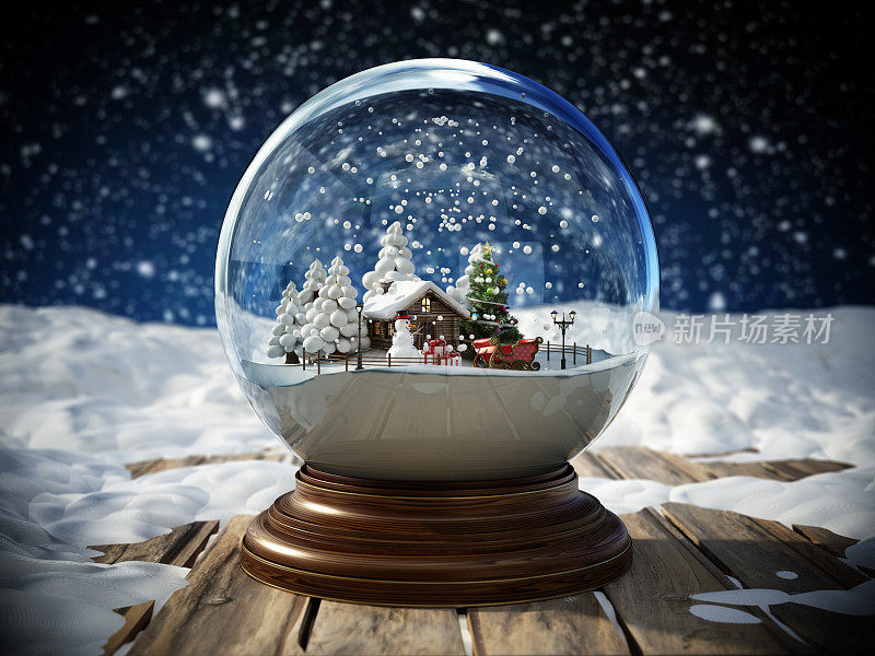 圣诞雪球和圣诞快乐的文字在积雪覆盖的旧木板在一个下雪的夜晚背景。圣诞节和新年的概念