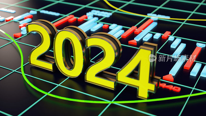 金融股票市场图表上的2024霓虹灯