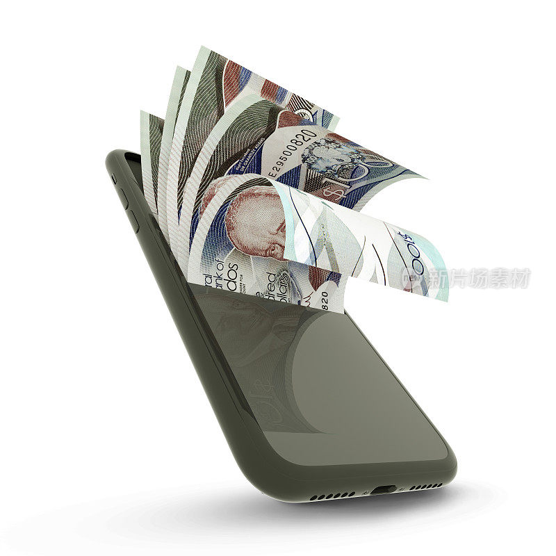 3D渲染巴巴多斯美元纸币在白色背景孤立的手机内。手机里的钱，巴巴多斯元
