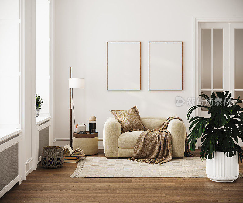 模拟海报框架在现代室内背景，客厅，斯堪的纳维亚风格