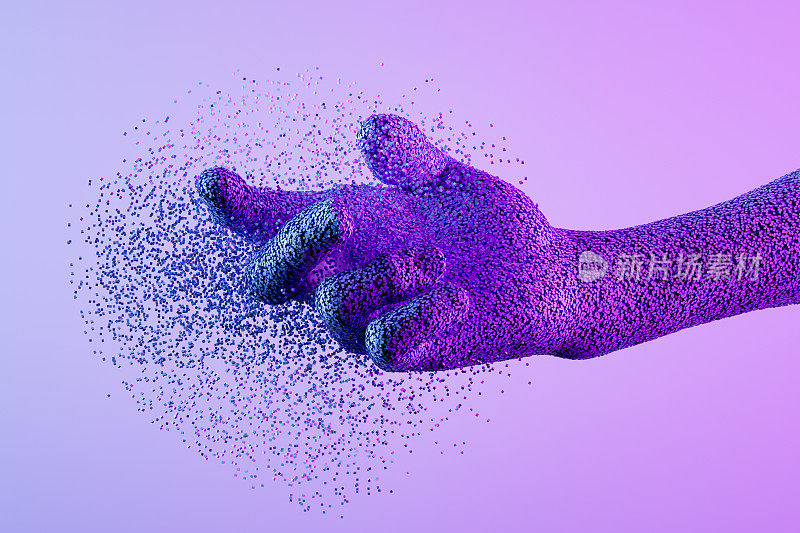 人工智能的手与粒子在紫色的背景