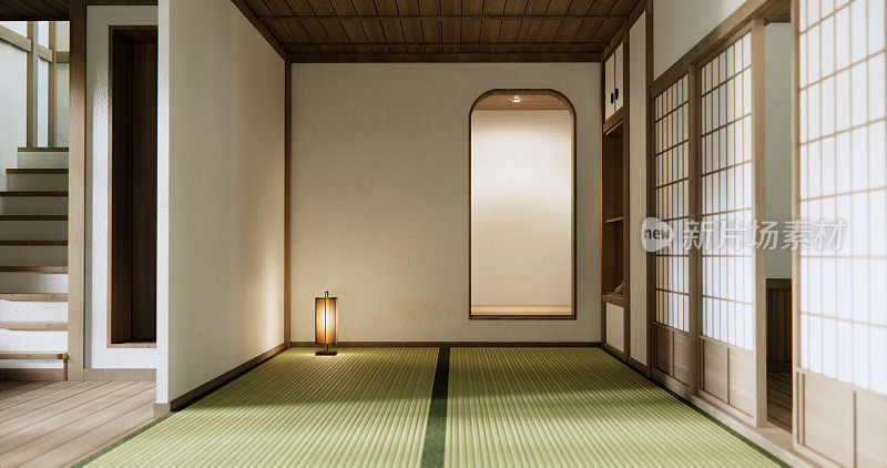 架子空门上的墙壁与榻榻米地板设计日本风格。