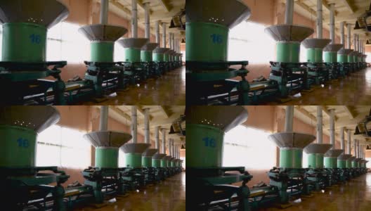 在茶厂用老式研磨机研磨茶叶高清在线视频素材下载