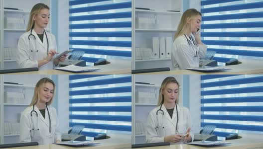 漂亮的护士在医院前台使用平板电脑和手机高清在线视频素材下载