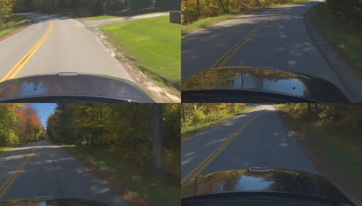 POV黑色汽车上的树叶偷窥公路行驶通过多彩的秋天森林高清在线视频素材下载