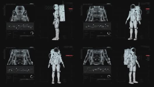 科幻界面展示3D宇航员航天服模型。高清在线视频素材下载