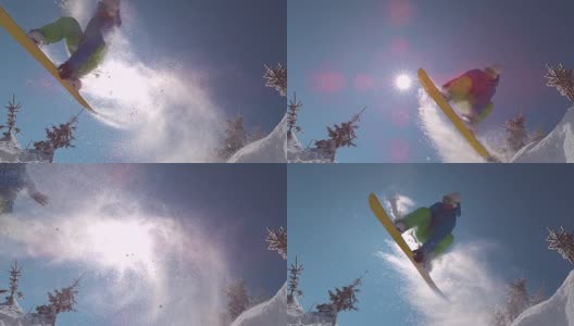 慢镜头特写极端滑雪板跳跃在下雪的冬天的太阳高清在线视频素材下载