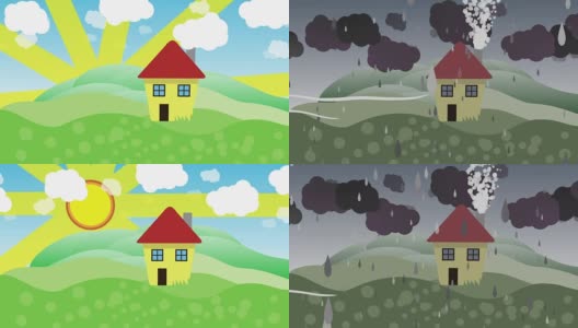 卡通二维动画的房子在阳光和雨天。无缝循环。动画高清在线视频素材下载
