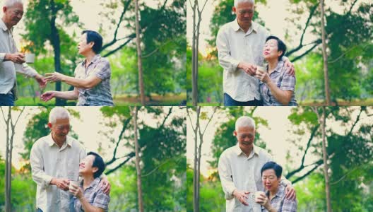 亚洲老夫妇在晨光明媚的自然公园里，通过一杯咖啡表达深情和关怀高清在线视频素材下载