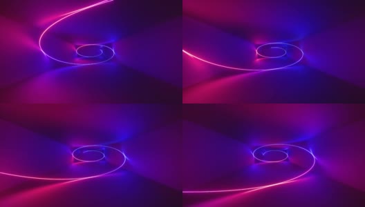 3d渲染，抽象背景，荧光紫外光，发光的霓虹线在隧道内旋转，旋转螺旋，催眠螺旋，蓝红粉紫光谱，循环动画高清在线视频素材下载
