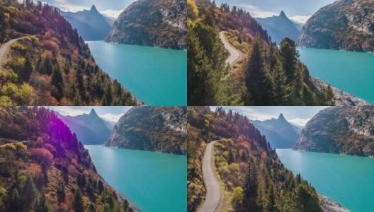 Lake Turquoise Road Mountains Autumn Zervreilasee Switzerland Aerial 4k高清在线视频素材下载