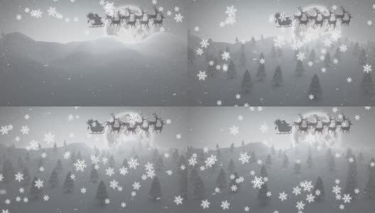 满月时驯鹿拉着雪橇的圣诞老人灰色剪影的动画高清在线视频素材下载