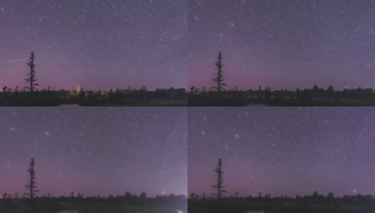延时:在加拿大安大略省托伦斯黑暗天空保护区的夏日夜空中，银河和星星倒映在平静的湖面上高清在线视频素材下载