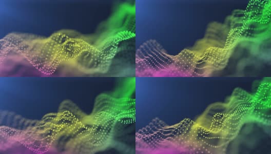 多种颜色的粒子在一个波浪形的特写中移动，边缘模糊。用作设计和展示的背景高清在线视频素材下载