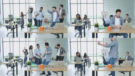 办公室团队合作庆祝工作幸福快乐的商务人士在完成工作后在会议室一起跳舞表达。多元化的人们快乐的时刻一起跳舞在公司高清在线视频素材下载