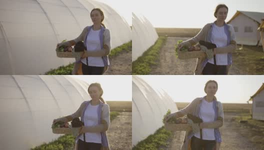 一个带着新鲜蔬菜或植物的金发女人在温室附近散步高清在线视频素材下载