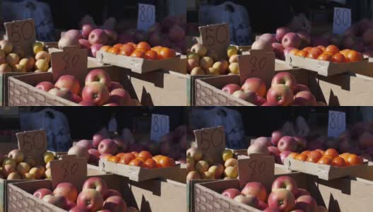 街边市场的货架上摆满了水果高清在线视频素材下载