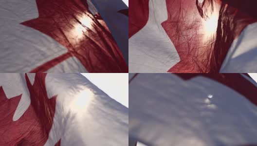 加拿大国旗迎风在夕阳下的自然背景与软焦点，慢动作。加拿大日的概念，国旗，北美，枫叶旗。高清在线视频素材下载