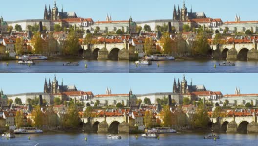 布拉格查尔斯桥、赫拉卡尼城堡和圣维塔斯大教堂高清在线视频素材下载