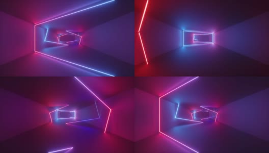 3d渲染，抽象的几何背景，荧光紫外线，发光的霓虹线在隧道内旋转，蓝色，红色，粉红色，紫色光谱，形状旋转，循环动画高清在线视频素材下载