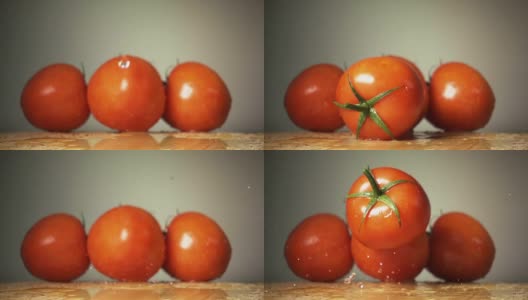 番茄落到桌子上的慢镜头高清在线视频素材下载
