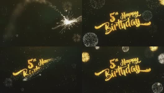 5快乐的生日问候和祝愿卡由闪光粒子和火花灯黑暗夜空与彩色烟花4k背景。高清在线视频素材下载