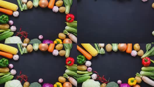 定格动画顶视图蔬菜在黑色背景的复制空间高清在线视频素材下载