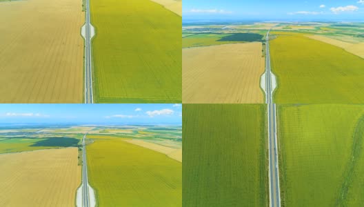 超宽无人机在高速公路、小麦和向日葵农田上空拍摄高清在线视频素材下载