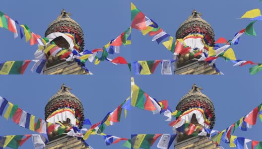 尼泊尔加德满都谷地的佛塔上飘扬的彩旗高清在线视频素材下载