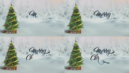 圣诞树与礼物盒下下雪与手写文字-股票视频高清在线视频素材下载