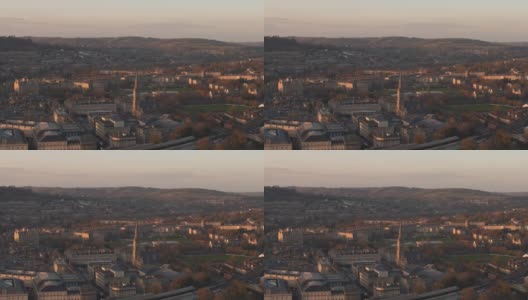 英国巴斯罗马城历史中心的宽阔日落城市景观高清在线视频素材下载
