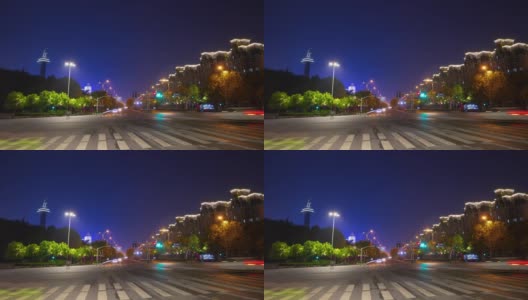 南京城夜景时间照亮了著名的体育场区交通街道时间跨度全景4k中国高清在线视频素材下载