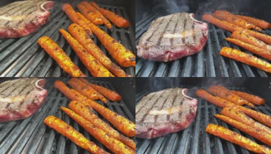 厚切生调味牛肉肋眼牛排和有机胡萝卜与火焰木炭烧烤4K视频高清在线视频素材下载