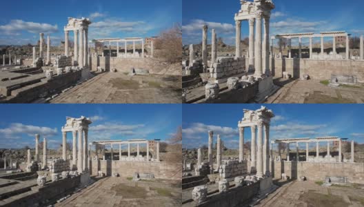 空中4K:土耳其贝尔加马卫城的帕加马、图拉真古神庙遗址和圆形剧场。高清在线视频素材下载