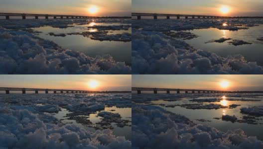 阿穆尔河上浮冰。黑龙江大桥，横贯西伯利亚铁路。高清在线视频素材下载