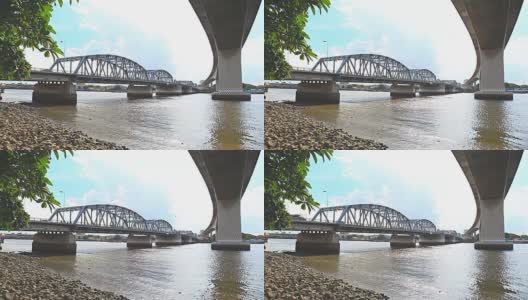 高清摄影:河上大桥上的汽车交通。高清在线视频素材下载