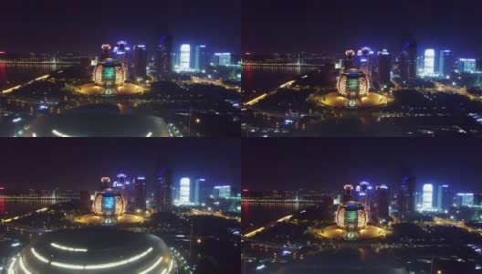 钱塘江畔的现代商业大厦，夜间4k高清在线视频素材下载