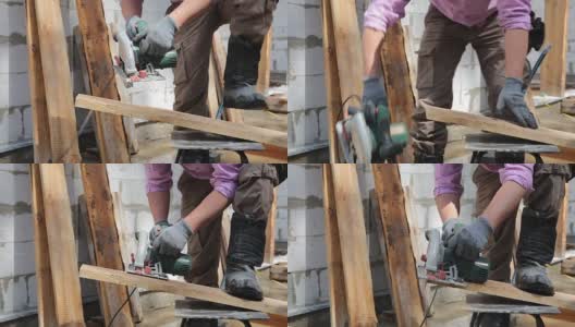 工人用圆锯切割木板。高清在线视频素材下载