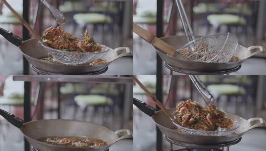 慢镜头:油炸食品，传统泰国食品高清在线视频素材下载