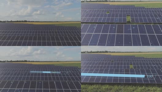 鸟瞰图的太阳能电池板农场与图形。无人机飞过太阳能电池板场。太阳能农场的HUD图形。可再生绿色替代能源高清在线视频素材下载