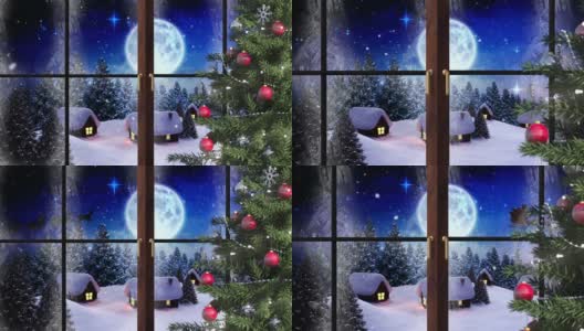 动画圣诞老人的剪影在雪橇被驯鹿拉着下雪和满高清在线视频素材下载