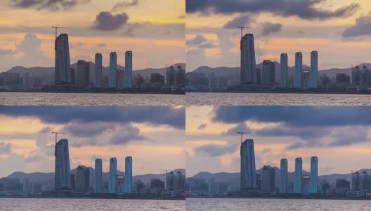 中国日落天空珠海市景湾酒店建设全景4k时间高清在线视频素材下载