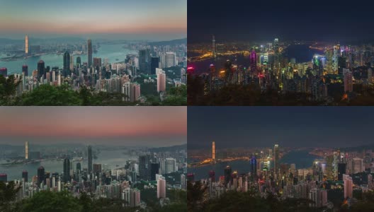 中国日落香港城市屋顶，白天到晚上海湾全景4k时间流逝高清在线视频素材下载