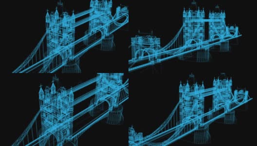 三维动画的线框架桥在黑色的背景高清在线视频素材下载